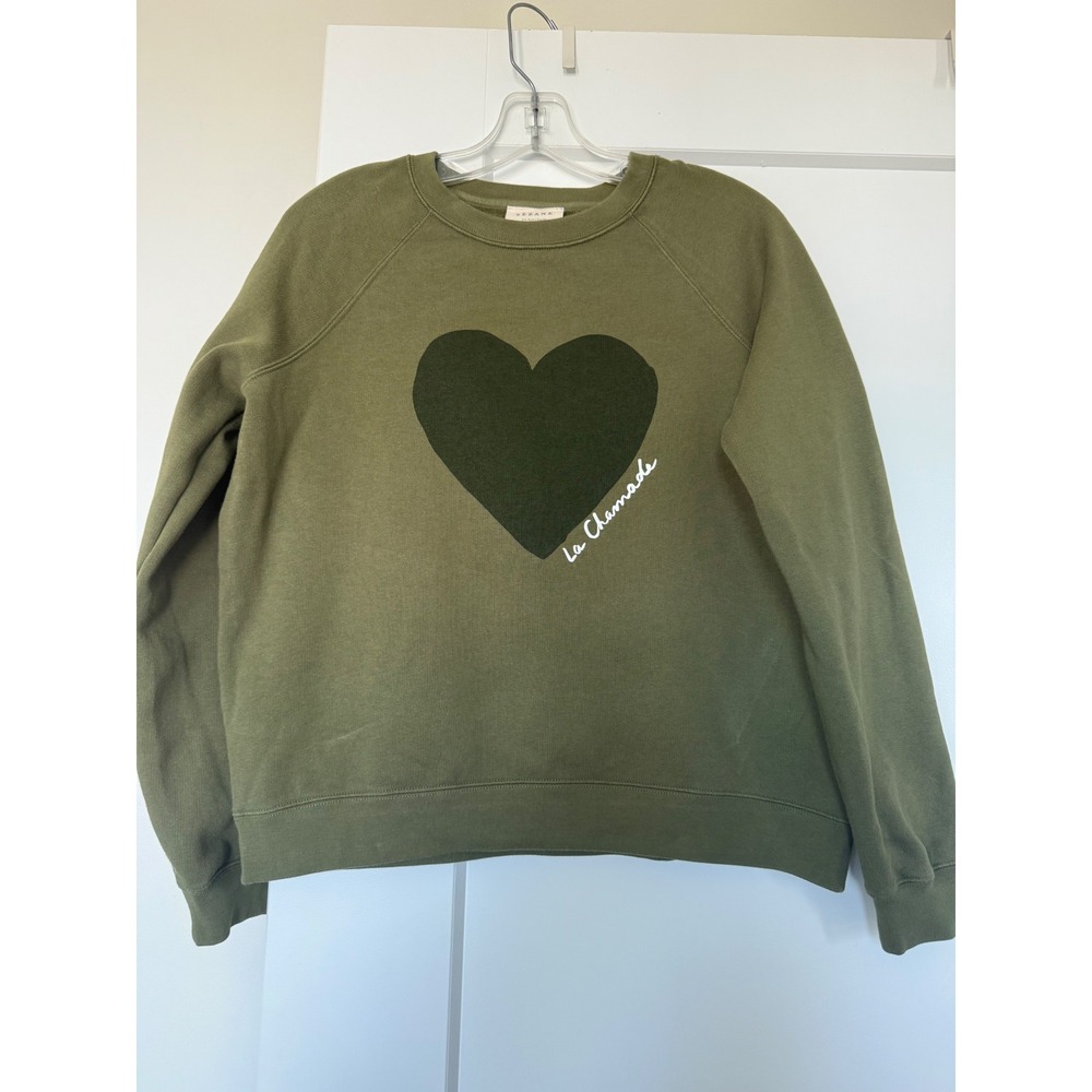 Sezane La Chamade Heart Graphic Sweatshirt Olive Green Raglan Crewneck S